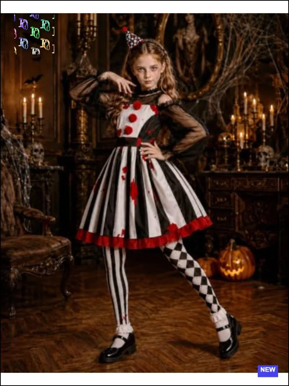 Scary Clown Costume Set for Girls Halloween Horror Dress with Hat Necklace Socks